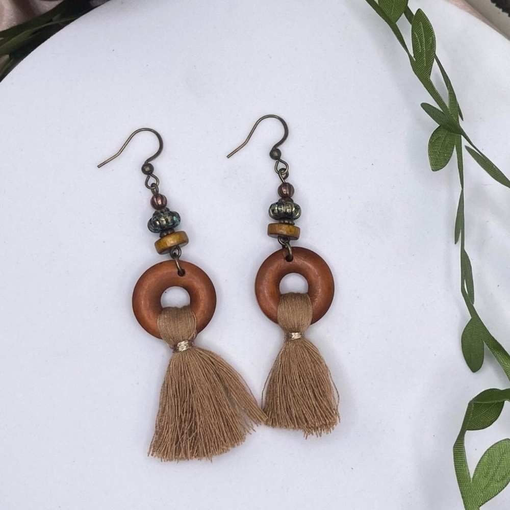 Beaded Bohemian Wood Tassel Earrings - NWT - Boutique Brand New Item